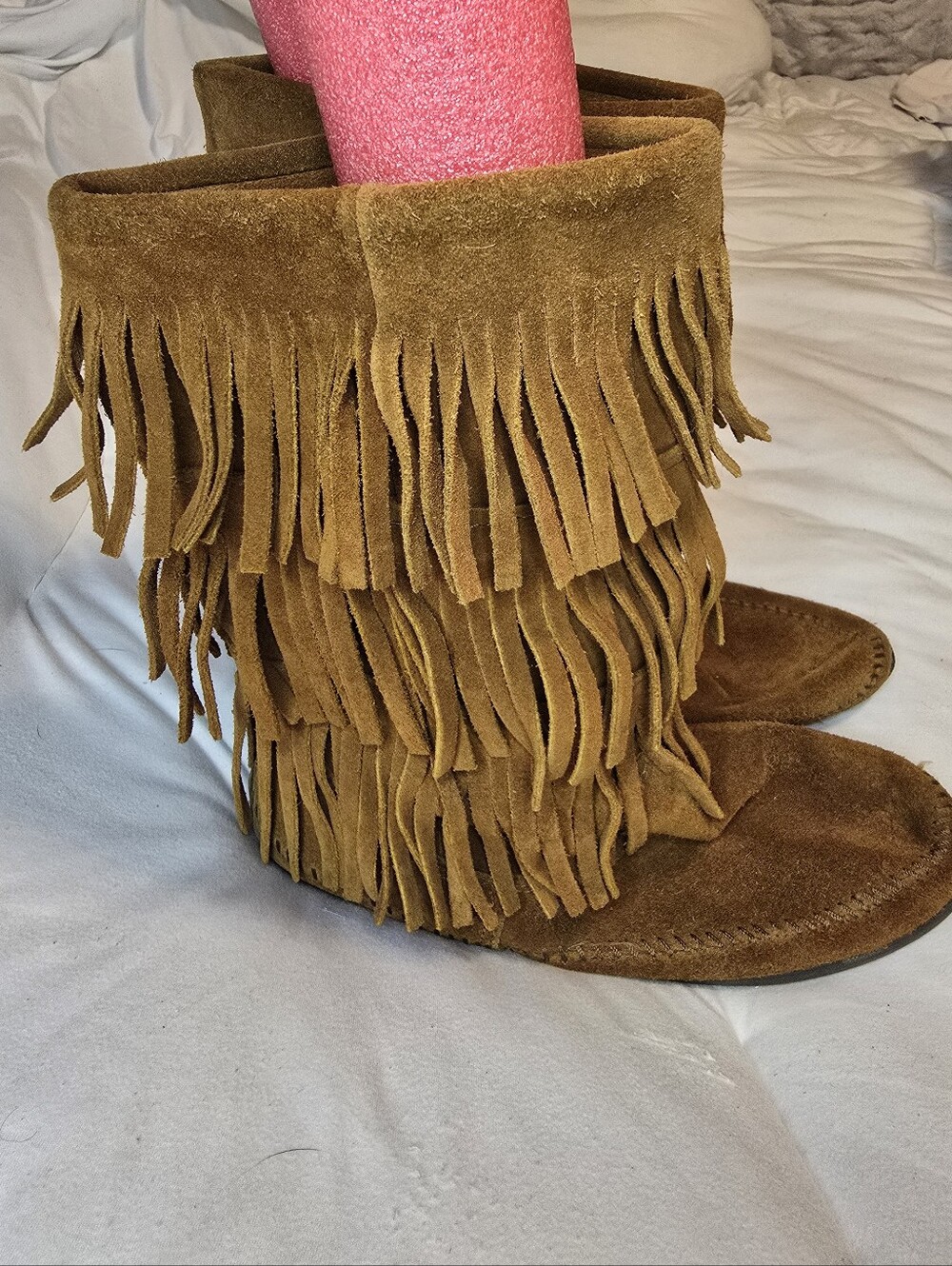 Minnetonka Triple Fringe Suede Moccasin Boots - Brown